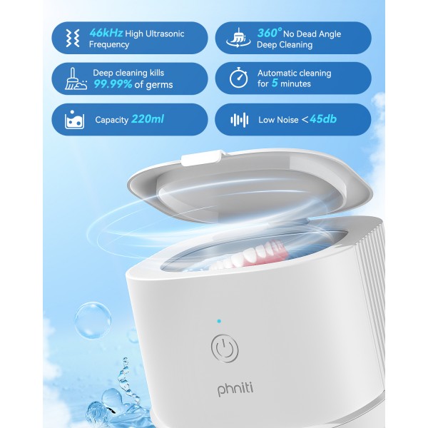 Ultrasonic Jewelry Cleaner, Phniti 46kHz Professional Portable Ultrasonic Retainer Cleaner Machine with Timer for Dental Retainer, Mouth Guard, Watch, Ring, Diamond - Household Use, White