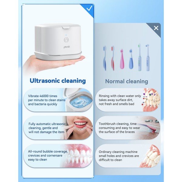 Ultrasonic Jewelry Cleaner, Phniti 46kHz Professional Portable Ultrasonic Retainer Cleaner Machine with Timer for Dental Retainer, Mouth Guard, Watch, Ring, Diamond - Household Use, White