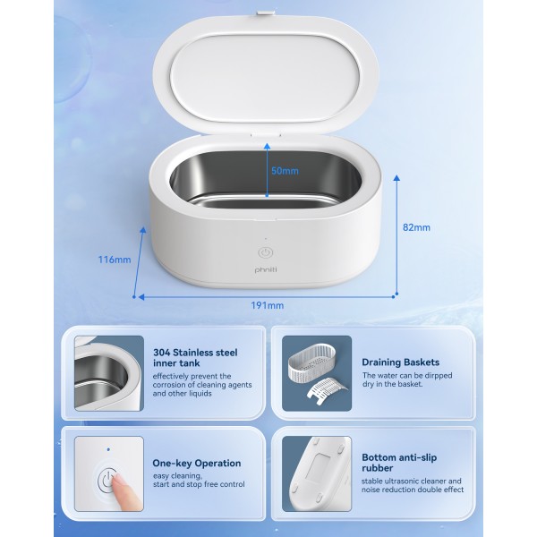 Ultrasonic Jewelry Cleaner, Phniti 20OZ Retainer Cleaner Machine 46KHz Deep Silver Rings, Necklaces, Eyeglasses, Machine Dental Use