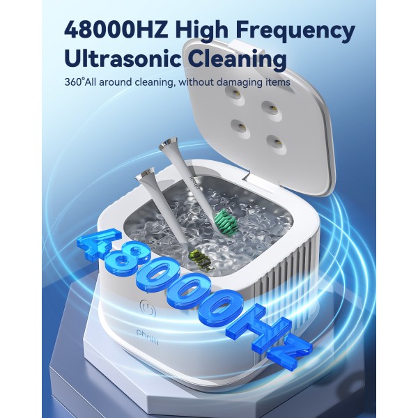 Ultrasonic Retainer Cleaner, Phniti 48kHz Professional Ultrasonic Cleaner Machine for Retainers, Jewelry, Dentures, Mouth Guard, Aligner, Toothbrush Heads, 13OZ Portable Dental Cleaning-White