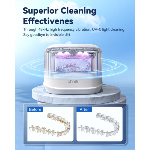 Ultrasonic Retainer Cleaner, Phniti 48kHz Professional Ultrasonic Cleaner Machine for Retainers, Jewelry, Dentures, Mouth Guard, Aligner, Toothbrush Heads, 13OZ Portable Dental Cleaning-White