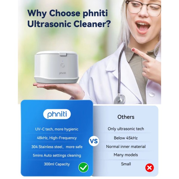 Ultrasonic Retainer Cleaner, Phniti 48kHz Professional Ultrasonic Cleaner Machine for Retainers, Jewelry, Dentures, Mouth Guard, Aligner, Toothbrush Heads, 13OZ Portable Dental Cleaning-White