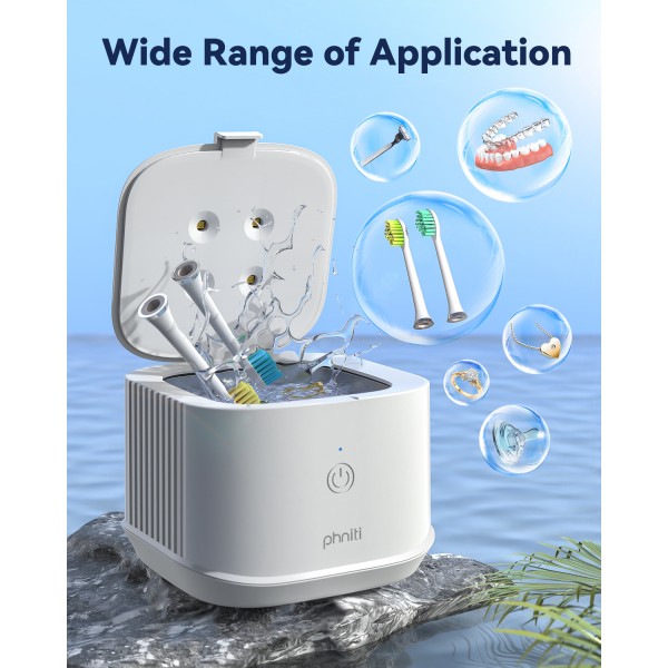 Ultrasonic Retainer Cleaner, Phniti 48kHz Professional Ultrasonic Cleaner Machine for Retainers, Jewelry, Dentures, Mouth Guard, Aligner, Toothbrush Heads, 13OZ Portable Dental Cleaning-White