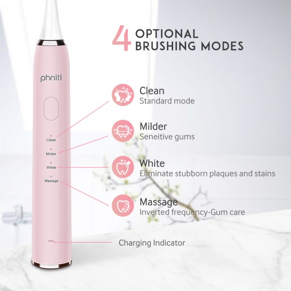 Sonic Electric Toothbrush, USB Rechargeable Toothbrush, 2 Mins Smart Timer 4 Brushing Modes with 2 Replacement Brush Heads by Phniti, Pink