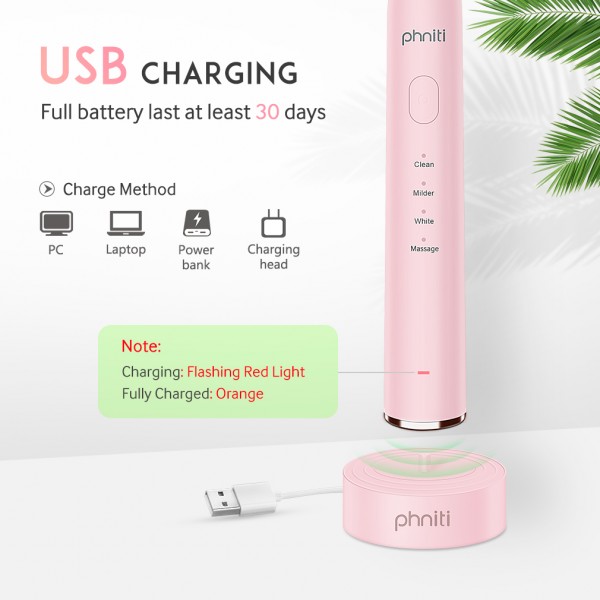 Sonic Electric Toothbrush, USB Rechargeable Toothbrush, 2 Mins Smart Timer 4 Brushing Modes with 2 Replacement Brush Heads by Phniti, Pink