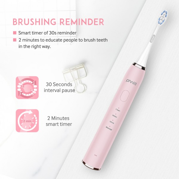 Sonic Electric Toothbrush, USB Rechargeable Toothbrush, 2 Mins Smart Timer 4 Brushing Modes with 2 Replacement Brush Heads by Phniti, Pink