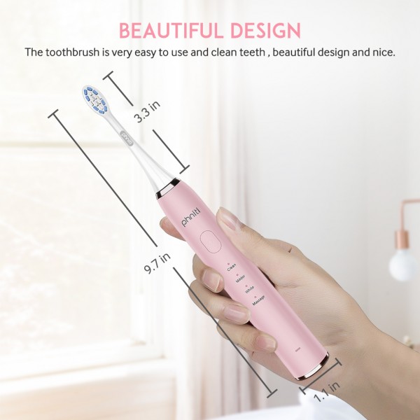 Sonic Electric Toothbrush, USB Rechargeable Toothbrush, 2 Mins Smart Timer 4 Brushing Modes with 2 Replacement Brush Heads by Phniti, Pink
