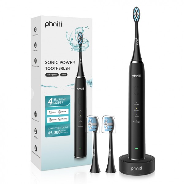 Sonic Electric Toothbrush for Adults, USB Rechargeable Toothbrush with 2 Mins Smart Timer, 4 Brushing Modes with 2 Replacement Brush Heads by Phniti, Black