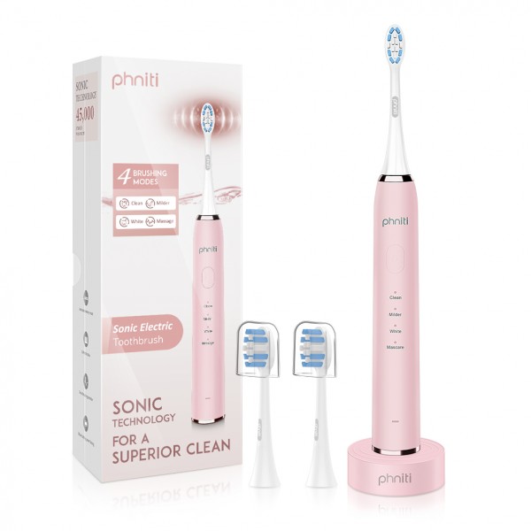 Sonic Electric Toothbrush, USB Rechargeable Toothbrush, 2 Mins Smart Timer 4 Brushing Modes with 2 Replacement Brush Heads by Phniti, Pink