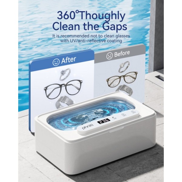 Phniti Ultrasonic Jewellery Cleaner, 47KHz Ultrasonic Cleaner Machine 330ml, Portable Ultrasonic Retainer Cleaner with 3 Timer Modes for Retainers, Jewellery, Glasses, Dentures, Rings, Watches Use