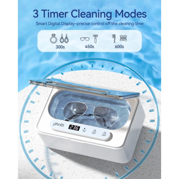 Phniti Ultrasonic Jewellery Cleaner, 47KHz Ultrasonic Cleaner Machine 330ml, Portable Ultrasonic Retainer Cleaner with 3 Timer Modes for Retainers, Jewellery, Glasses, Dentures, Rings, Watches Use