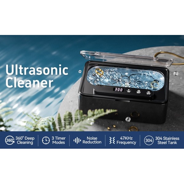 Ultrasonic Cleaner, Ultrasonic Cleaner 47 kHz, Portable Ultrasonic Tray 330 ml with 3 Modes of Ultrasonic Cleaner Glasses for Jewelry, Dentures, Glasses, Rings and Watches (Black)